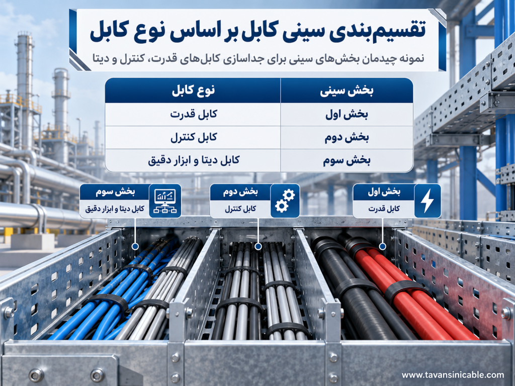 تقسیم‌بندی سینی کابل برای جداسازی کابل قدرت، کنترل، دیتا و ابزار دقیق