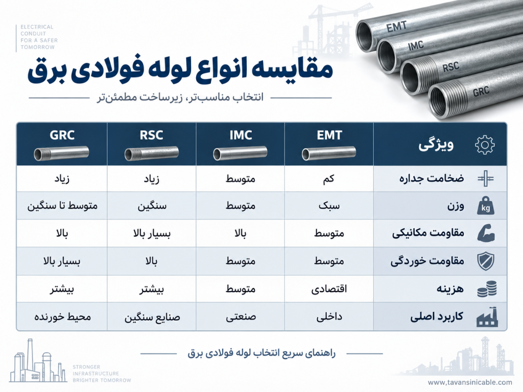 مقایسه انواع لوله فولادی برق EMT، IMC، RSC و GRC از نظر ضخامت، وزن، مقاومت مکانیکی و کاربرد