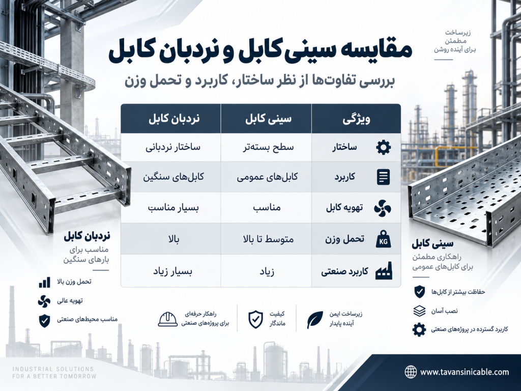 مقایسه سینی کابل و نردبان کابل از نظر ساختار، کاربرد، تهویه کابل و تحمل وزن